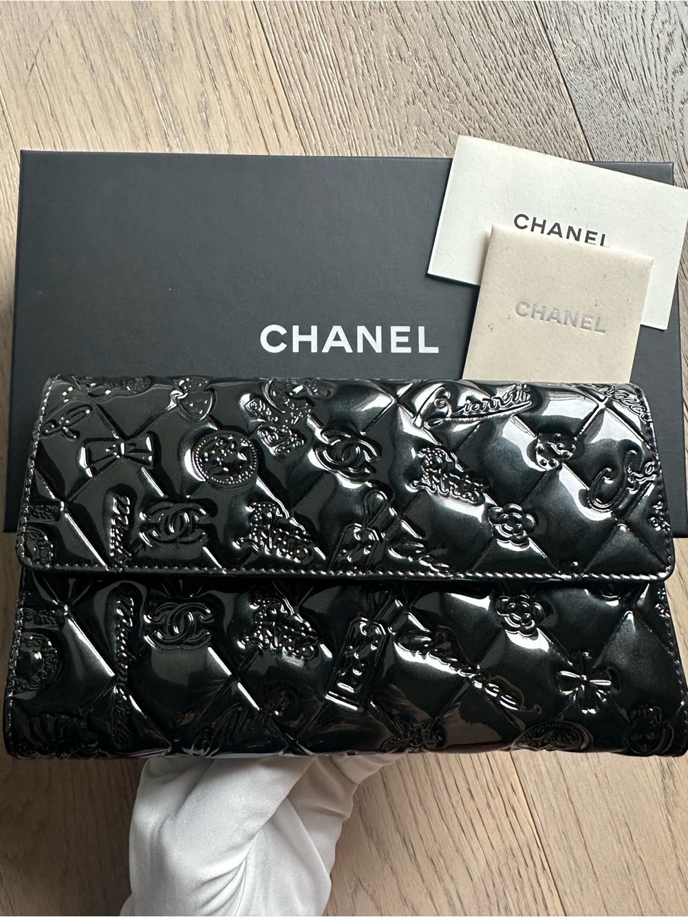 CHANEL Black Patent Leather Icon Embossed Long Wallet + WOC Conversion Kit
